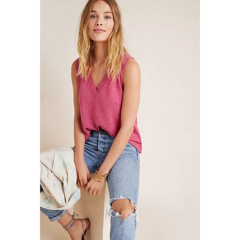 Anthropologie Women's Camilla V-Neck Sweater Tank Pink Sleeveless Oversized XS